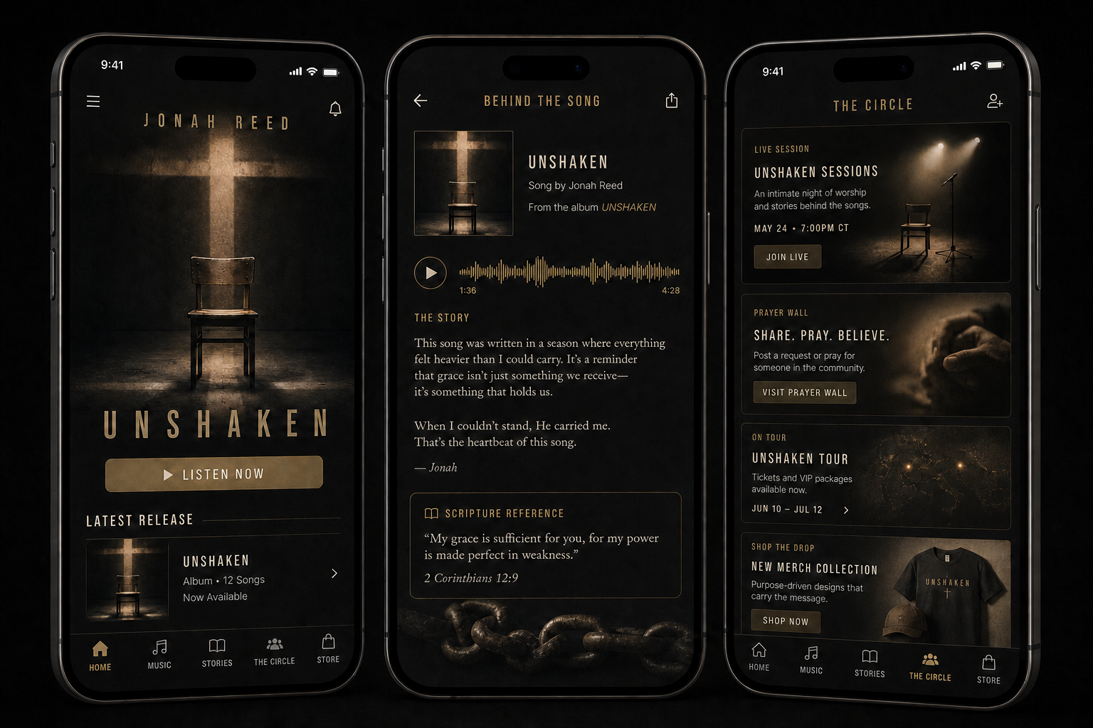 Three-screen fictional artist mobile app concept