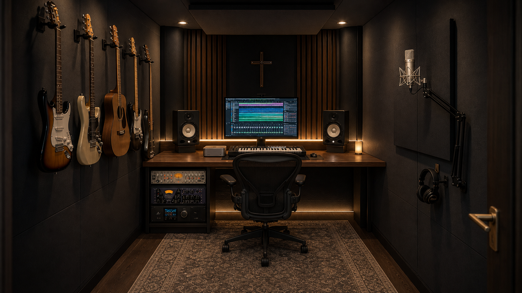 Concept visualization of the narrow six-by-fifteen-foot Justified Studios production room
